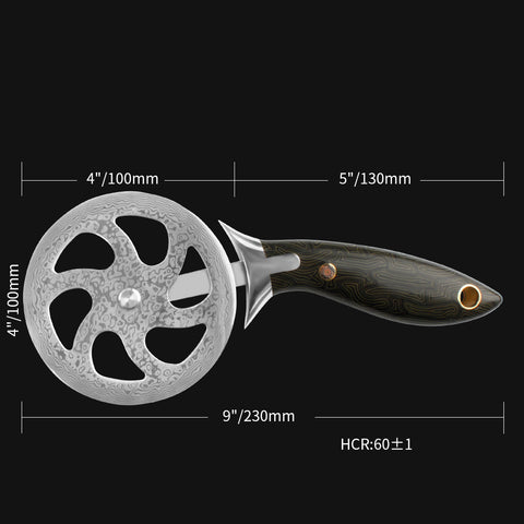 Meteorite Kodiak Pizza Cutter: Premium 4" Damascus Steel Blade with Ergonomic 5" G10 Handle, HRC 60±1 for Precision and Durability